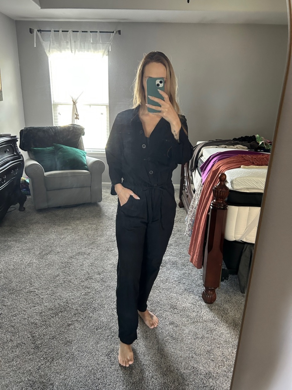Womens Black Button-Front Utility Jumpsuit
